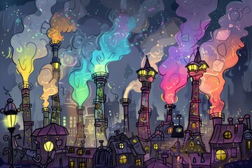 Cartoon cute doodles of a futuristic steampunk city skyline illuminated by glowing steam-powered street lamps and towering smokestacks emitting plumes, Generative AI