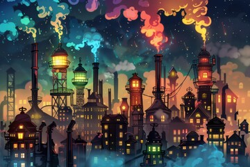 Cartoon cute doodles of a futuristic steampunk city skyline illuminated by glowing steam-powered street lamps and towering smokestacks emitting plumes, Generative AI