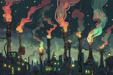 Cartoon cute doodles of a futuristic steampunk city skyline illuminated by glowing steam-powered street lamps and towering smokestacks emitting plumes, Generative AI