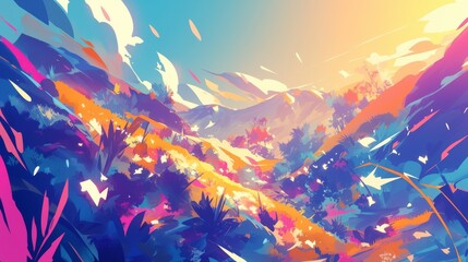 Dynamic abstract mountain landscape, awash with vibrant sunrise hues and whimsical shapes