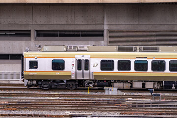 Fototapeta premium UP Union Pearson Express train at Toronto Union Station. Toronto, Canada - April 29, 2024.