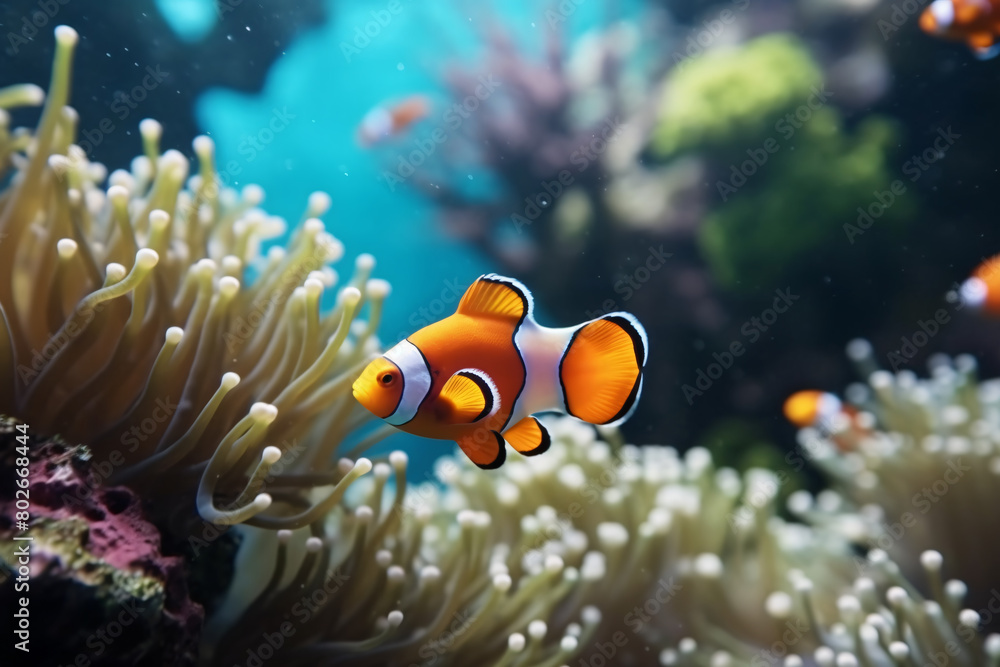 Wall mural A colorful clownfish swimming in an aquarium surrounded by coral and anemones