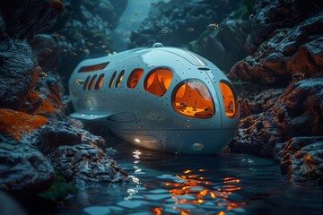 Futuristic submarine in an underwater landscape