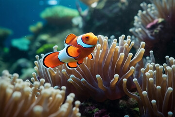 Fototapeta premium Clownfish swimming among vibrant sea anemones in a colorful underwater reef