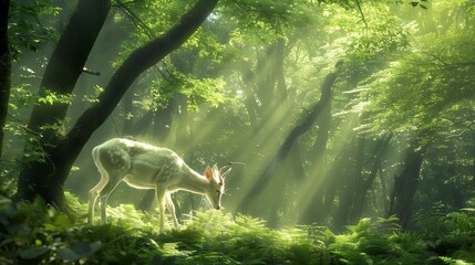 A lush green forest with sunlight streaming through the canopy, illuminating a white deer grazing peacefully, highlighting the uniqueness and resilience of albinism on International Albinism Awareness