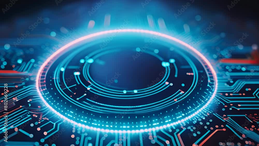 Aufkleber close-up view of a futuristic technology interface with glowing blue circuits and concentric circula
