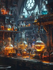 Meticulously Staged Alchemical Experiment in Dimly Lit Antiquarian Laboratory with Arcane Glassware and Vibrant Swirling Liquids