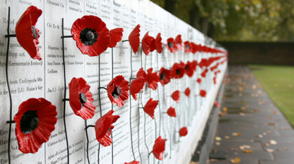 Red poppies pinned on war memorial wall with names
