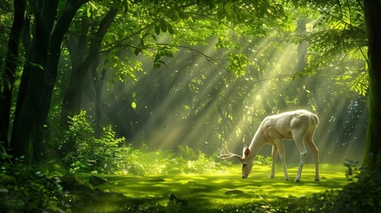 A lush green forest with sunlight streaming through the canopy, illuminating a white deer grazing...