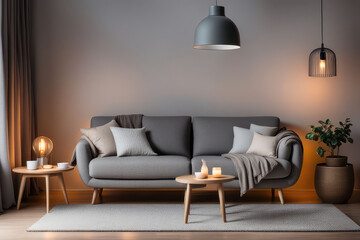 Interior of living room with cozy grey sofa, armchair and glowing lamps