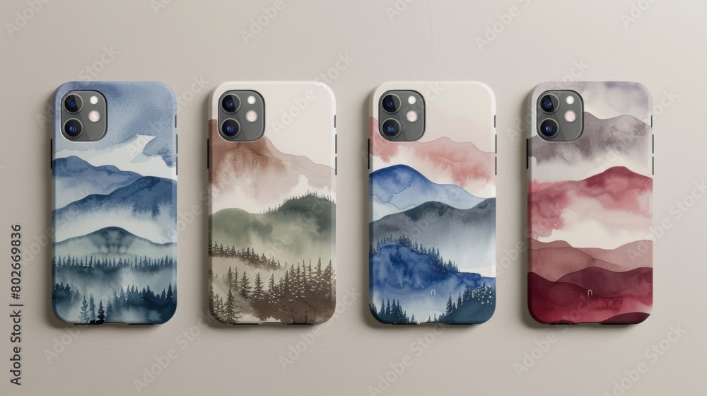 Poster a set of watercolorinspired phone cases each showcasing a different alpine meadow scene from sunlit 