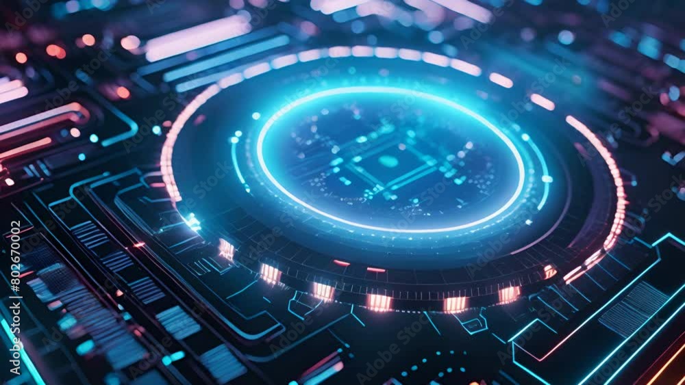 Aufkleber Close-up view of a futuristic technology interface with glowing blue circuits and concentric circular patterns