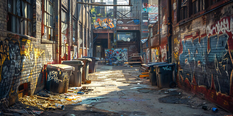 A image of an empty alleyway with graffiti-covered walls and trash bins, capturing the gritty...