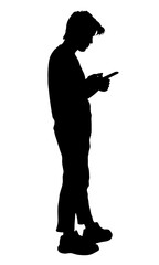 Silhouette of a person standing holding smartphone, the concept uses smart connection mobile online, vector illustration