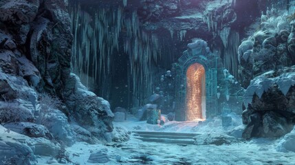 Deep within a snowy tundra the entrance to a forgotten underground cave glows with a faint magical aura. Inside stalactites and stalagmites . .