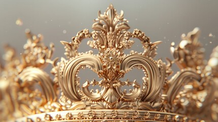 Generate a regal 3D rendering illustrating a gold crown in intricate detail.