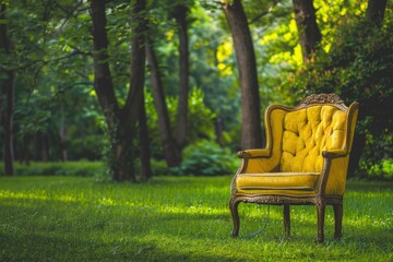 Vintage yellow chair on green grass with trees on background - generative ai