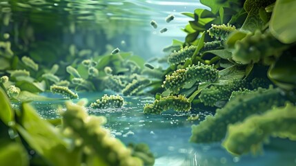 A closeup illustration of a biofilter where beneficial bacteria convert fish waste into nutrients for plants..