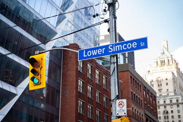 Lower Simcoe Street sign in downtown Toronto.