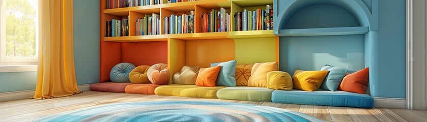 Childrens reading nook with a whimsical chocolate bar bookshelf, enticing young readers with its playful design and colorful book spines , Pop art style