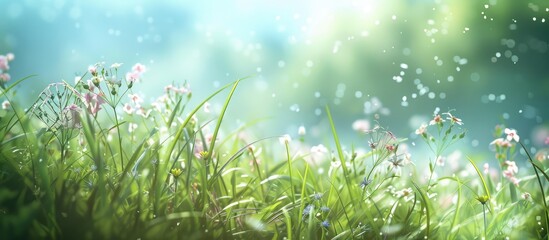 Spring grass with flowers is fresh on a sunny day with a naturally blurred background. - obrazy, fototapety, plakaty