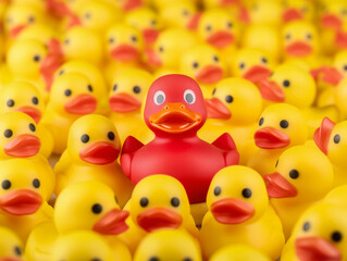 leadership conceptual, red rubber duck standing over a lot of yellow rubber duck - ai