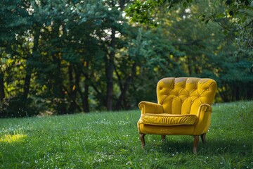 Vintage yellow chair on green grass with trees on background - generative ai