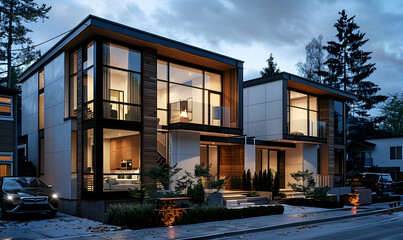 two modern townhouses with glass and wood facades