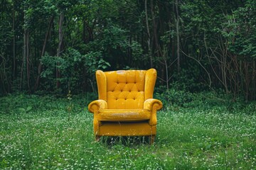 Vintage yellow chair on green grass with trees on background - generative ai