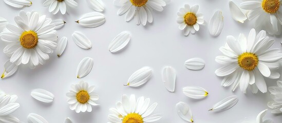 Background for spring or summer with space for text: chamomile flowers and petals, a white blossom with a yellow center. View from above with items laid flat.