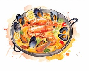 fresh seafood paella in a large pan