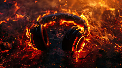Fireflame on screen from headphones lies on table,neon lights,black background