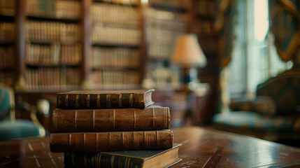 Stack of old books in a beautiful historic library