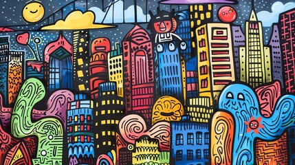 A colorful mural of a cityscape with bright buildings and whimsical characters.