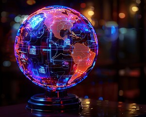 A glowing blue and pink globe sits on a table.