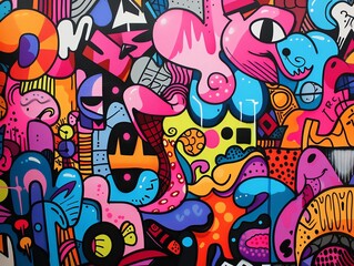 A graffiti covered wall with bright colors and cartoonish characters.