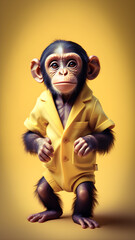 Obraz premium A chimpanzee with human clothes on yellow background