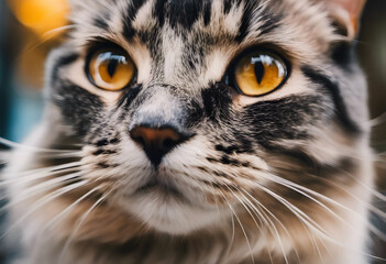 Close-up of a tabby cat with striking yellow eyes and detailed fur patterns. International Cat Day.