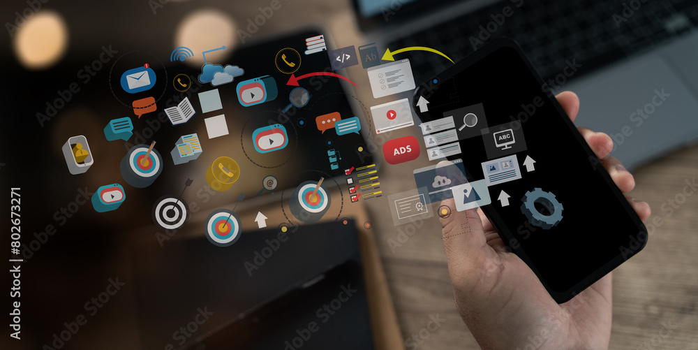 Poster tablet-using online businessman utilizing digital marketing analysis digital search engine optimizat
