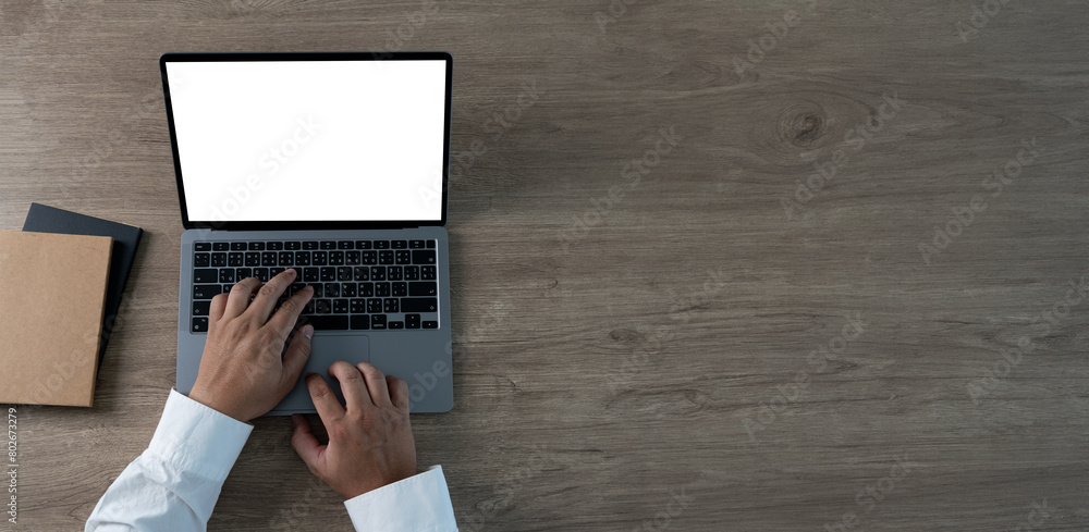 Poster close up of man hands computer blank screen mockup device screen template