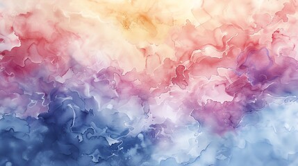 Fototapeta premium The image is a colorful abstract painting. It has a light blue background with splashes of yellow, pink, and purple. The painting has a soft, dreamy feel to it.