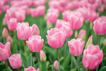 A field of soft pink tulips, focused closely to highlight their gentle curves and vibrant spring colors