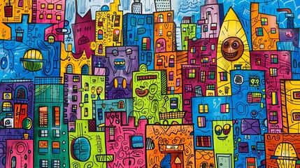 Obraz premium The image is a colorful abstract painting of a cityscape