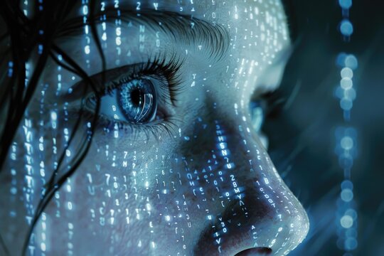 A close-up view of a womans face with striking blue eyes, showcasing clear details and features