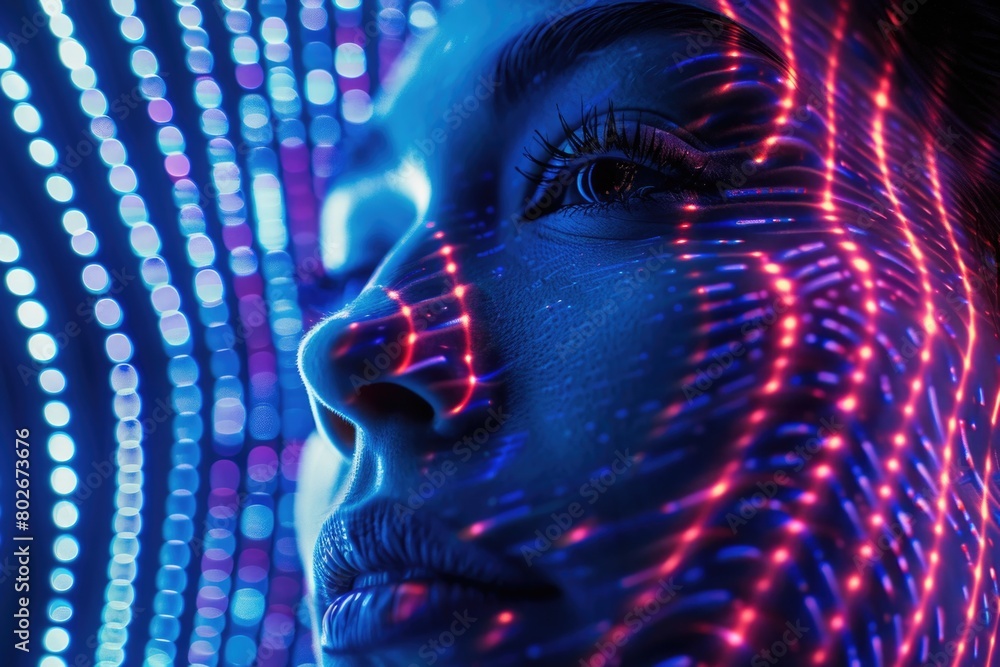 Poster a womans face in focus, with vibrant colorful lights in the background creating a captivating visual