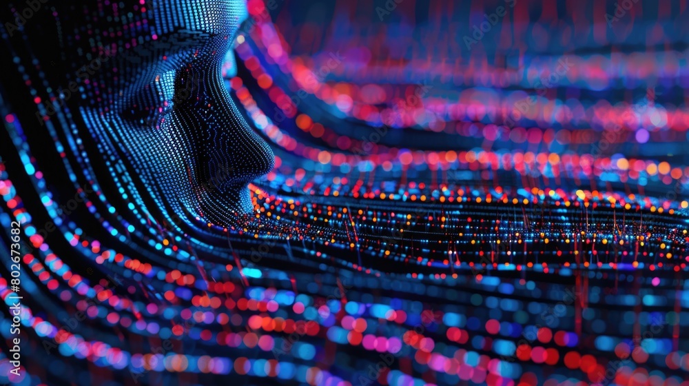 Poster a womans face is highlighted by colorful lights in the background, creating a striking visual contra