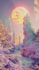 A surreal alien landscape with bizarre rock formations and otherworldly colors, bathed in the eerie glow of an alien sun