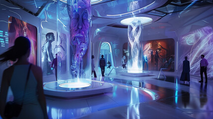 Design a futuristic art gallery featuring holographic and interactive exhibits.