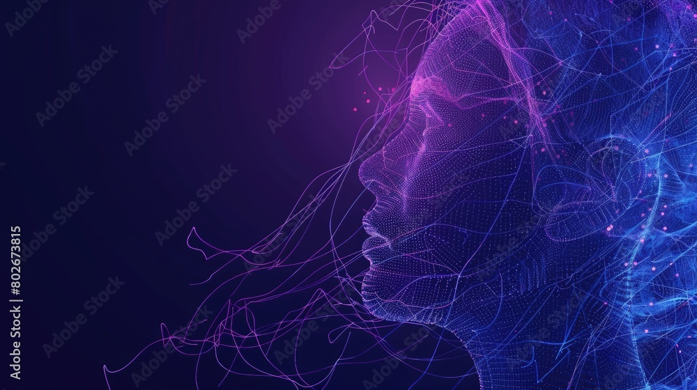 Poster a womans face is depicted in shades of purple and blue within an infinite matrix of binary code