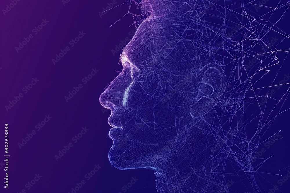 Poster a mans face is depicted with lines extending outwards, resembling a digital matrix